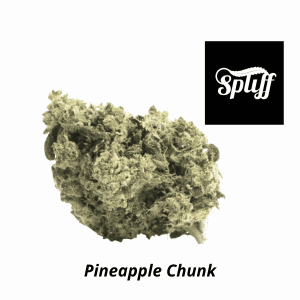 Pineapple Chunk cannabis bud with dense, frosty trichomes and vibrant green hues.