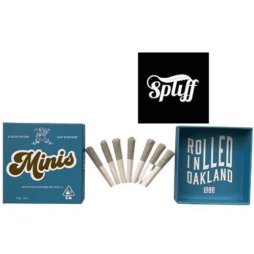 Dispensary logo with cannabis pre-rolls and packaging for legal cannabis in Oakland, California.