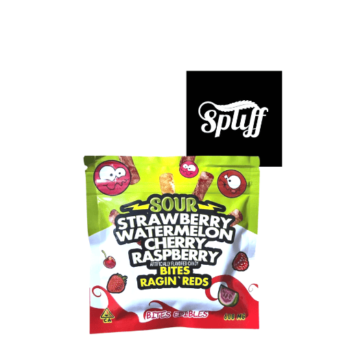 Sour fruit gummies with strawberry, watermelon, cherry, and raspberry flavors at Spliff Nation Dispensary.