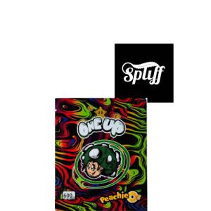 Logo of Spliff Nation Dispensary with colorful cannabis product packaging featuring Peachie O strain.