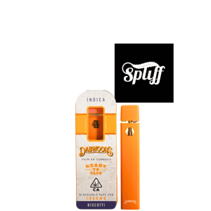 Dabwoods disposable vape pen with Indica strain, orange design, and logo.