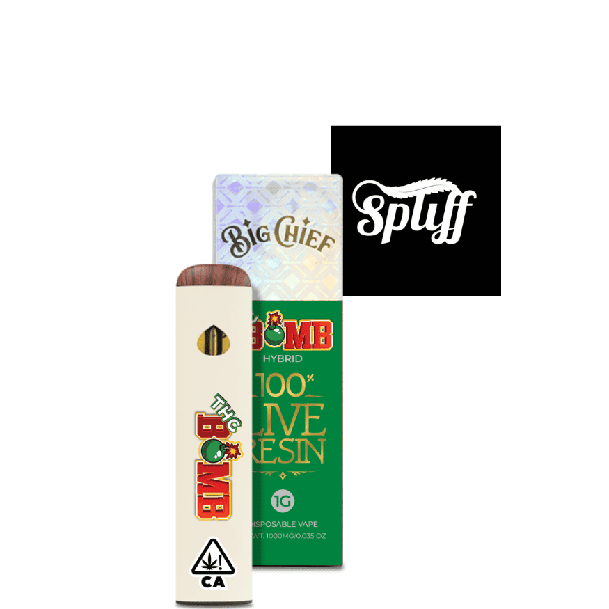 Disposable vape pen with Big Chief and Bomb Hybrid branding, cannabis-themed design.