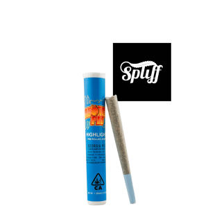 Pre-rolled joint in blue tube at Spliff Nation Dispensary dispensary.