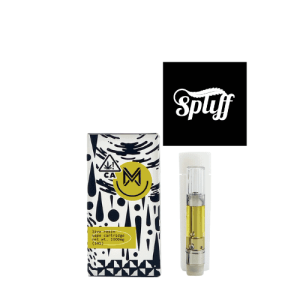 Cannabis vape cartridge with yellow oil and packaging at Spliff Nation Dispensary dispensary.