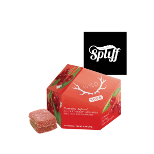 Sour cherry cannabis-infused gummies in festive packaging.