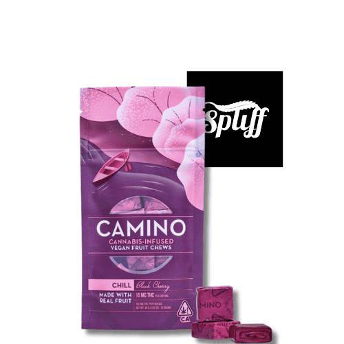 Camino vegan cannabis-infused fruit chews with cherry flavor, chill effect.