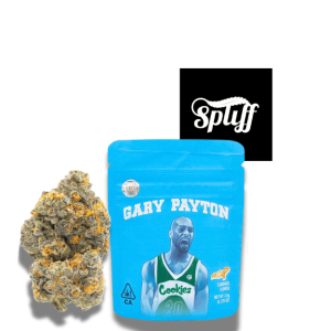 Cannabis strain Gary Payton in Cookies branded packaging with bud.