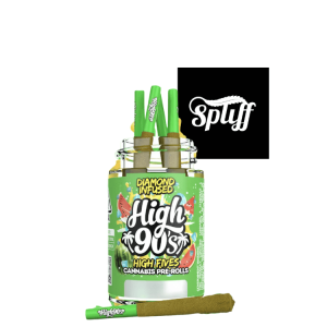 Cannabis pre-rolls in a jar with High 90s branding at Dispensary.